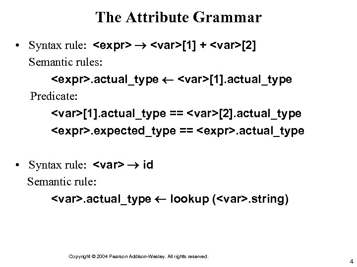 The Attribute Grammar • Syntax rule: <expr> <var>[1] + <var>[2] Semantic rules: <expr>. actual_type