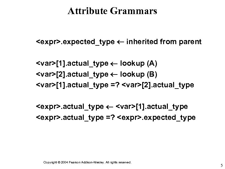 Attribute Grammars <expr>. expected_type inherited from parent <var>[1]. actual_type lookup (A) <var>[2]. actual_type lookup