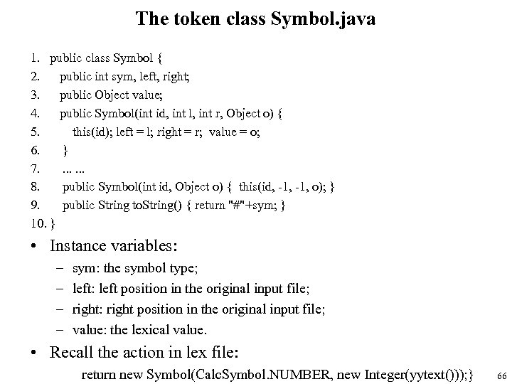 The token class Symbol. java 1. public class Symbol { 2. public int sym,