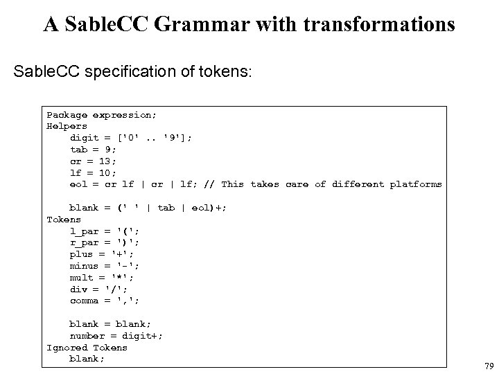A Sable. CC Grammar with transformations Sable. CC specification of tokens: Package expression; Helpers