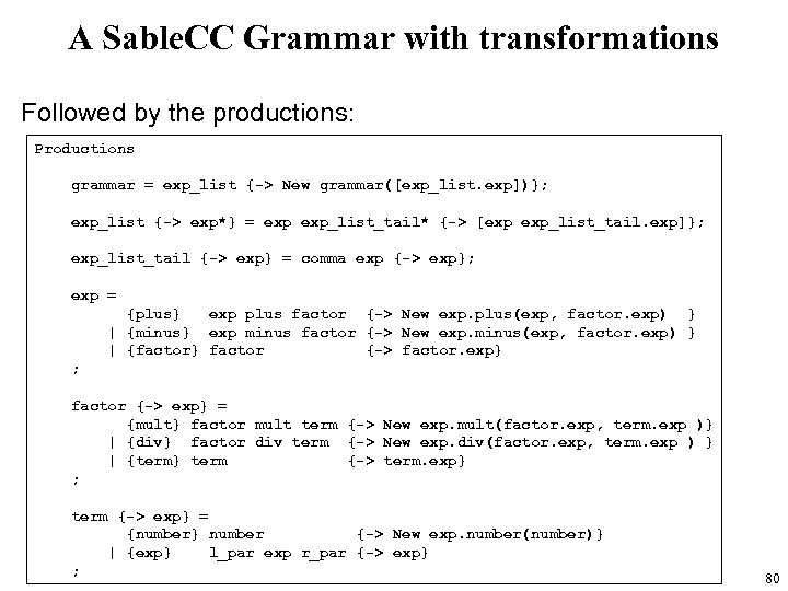 A Sable. CC Grammar with transformations Followed by the productions: Productions grammar = exp_list