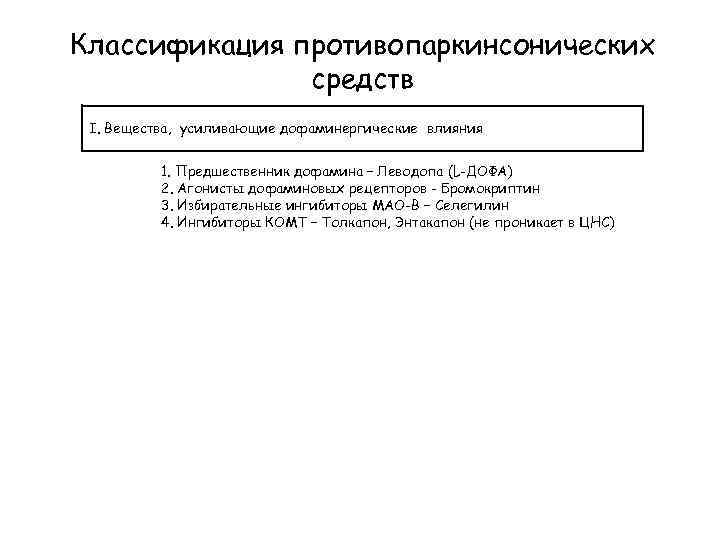 Классификация противопаркинсонических средств I. Вещества, усиливающие дофаминергические влияния 1. Предшественник дофамина – Леводопа (L-ДОФА)