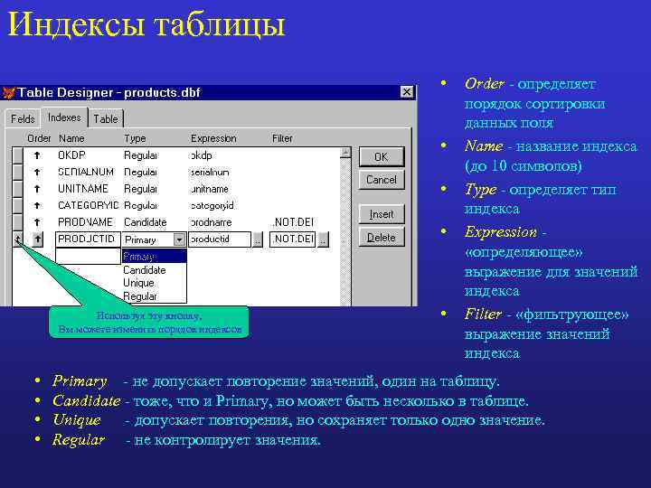 Индексы таблицы • • Используя эту кнопку, Вы можете изменить порядок индексов • •