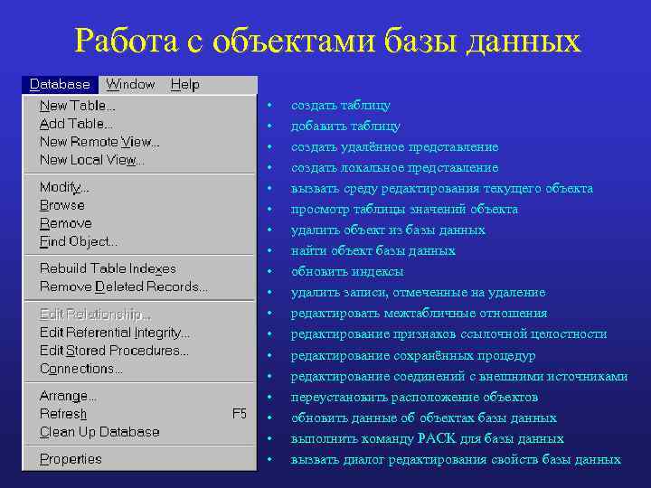 Работа с объектами базы данных • • • • • создать таблицу добавить таблицу