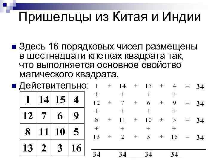Пришельцы из Китая и Индии Здесь 16 порядковых чисел размещены в шестнадцати клетках квадрата