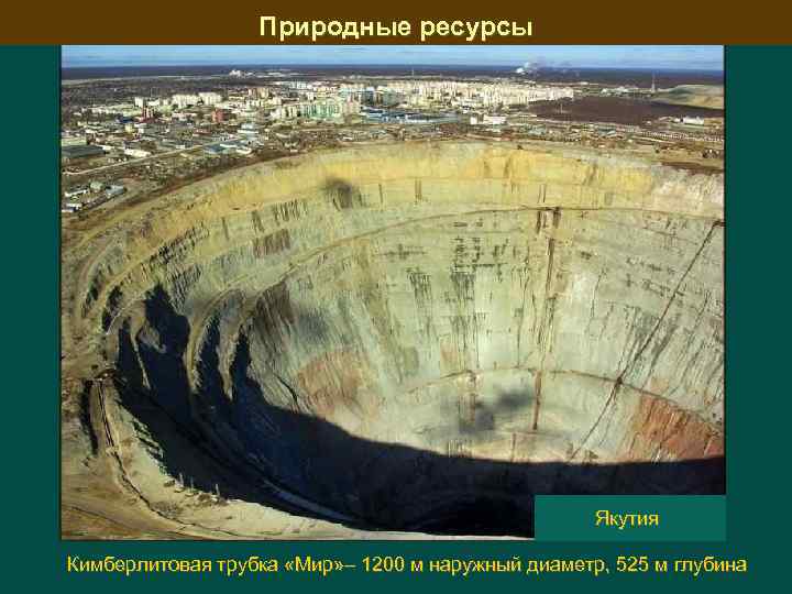 Природные ресурсы Якутия Кимберлитовая трубка «Мир» – 1200 м наружный диаметр, 525 м глубина
