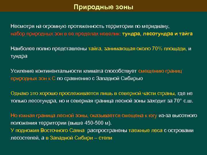 Природные зоны Несмотря на огромную протяженность территории по меридиану, набор природных зон в ее