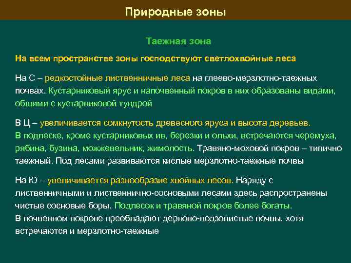 Природные зоны Таежная зона На всем пространстве зоны господствуют светлохвойные леса На С –