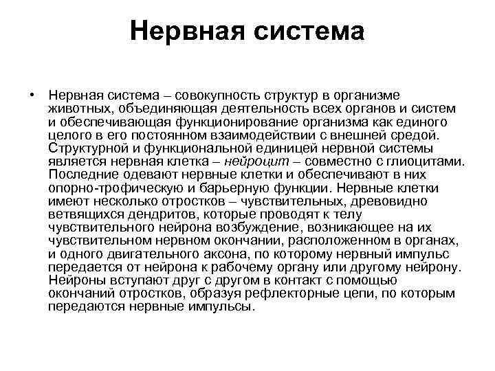 Нервная система • Нервная система – совокупность структур в организме животных, объединяющая деятельность всех