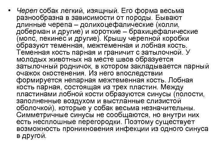  • Череп собак легкий, изящный. Его форма весьма разнообразна в зависимости от породы.