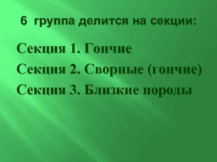 6 группа делится на секции: Секция 1. Гончие Секция 2. Сворные (гончие) Секция 3.