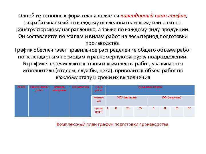 Одной из основных форм плана является календарный план-график, разрабатываемый по каждому исследовательскому или опытноконструкторскому