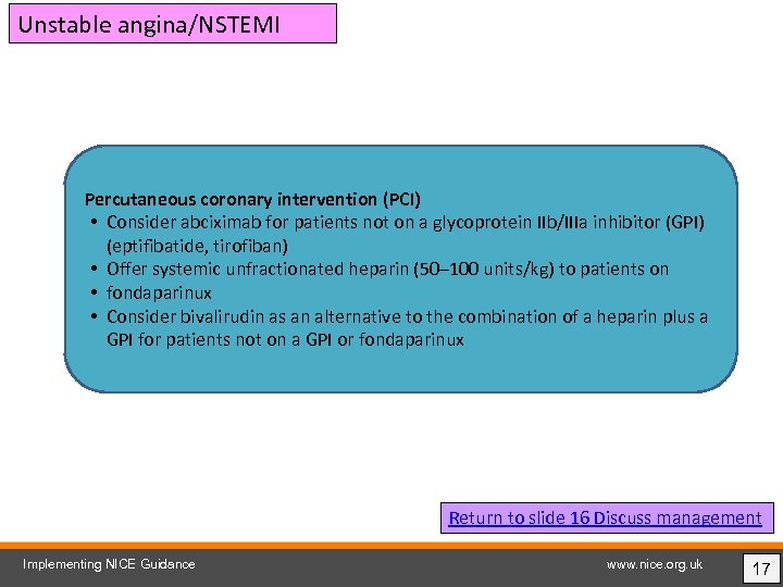 Unstable angina/NSTEMI Percutaneous coronary intervention (PCI) • Consider abciximab for patients not on a