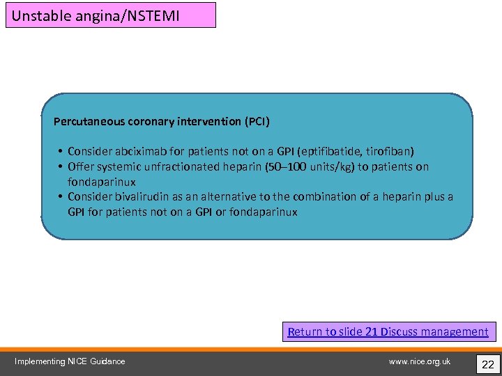 Unstable angina/NSTEMI Percutaneous coronary intervention (PCI) • Consider abciximab for patients not on a