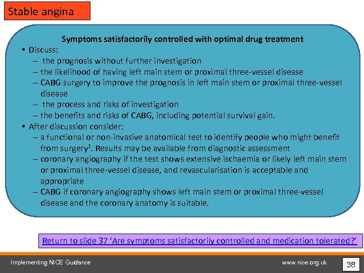 Stable angina Symptoms satisfactorily controlled with optimal drug treatment • Discuss: – the prognosis