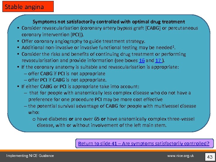 Stable angina • • • Symptoms not satisfactorily controlled with optimal drug treatment Consider