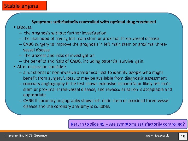 Stable angina Symptoms satisfactorily controlled with optimal drug treatment • Discuss: – the prognosis
