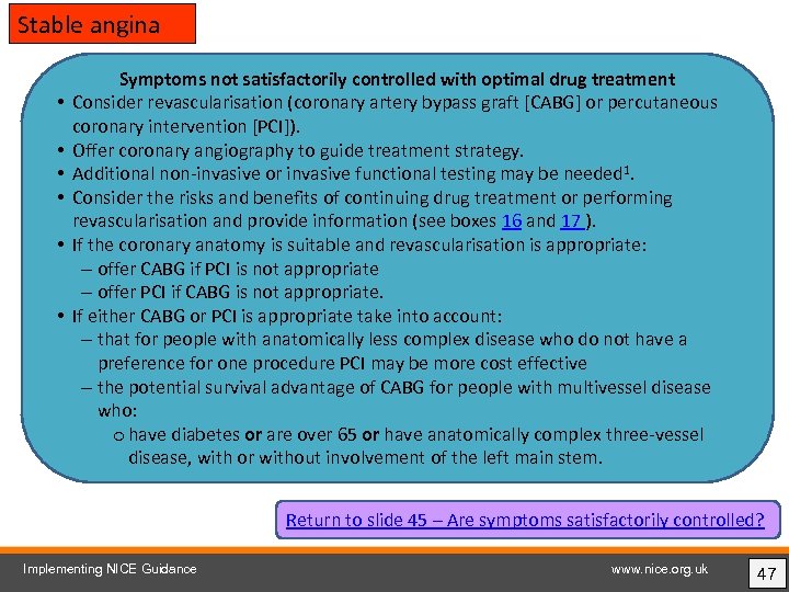 Stable angina • • • Symptoms not satisfactorily controlled with optimal drug treatment Consider