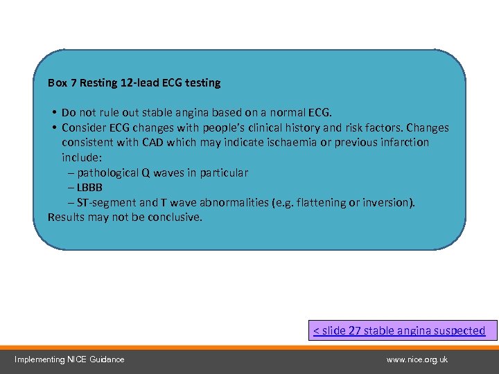 Box 7 Resting 12 -lead ECG testing • Do not rule out stable angina