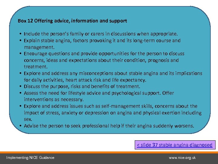 Box 12 Offering advice, information and support • Include the person’s family or carers