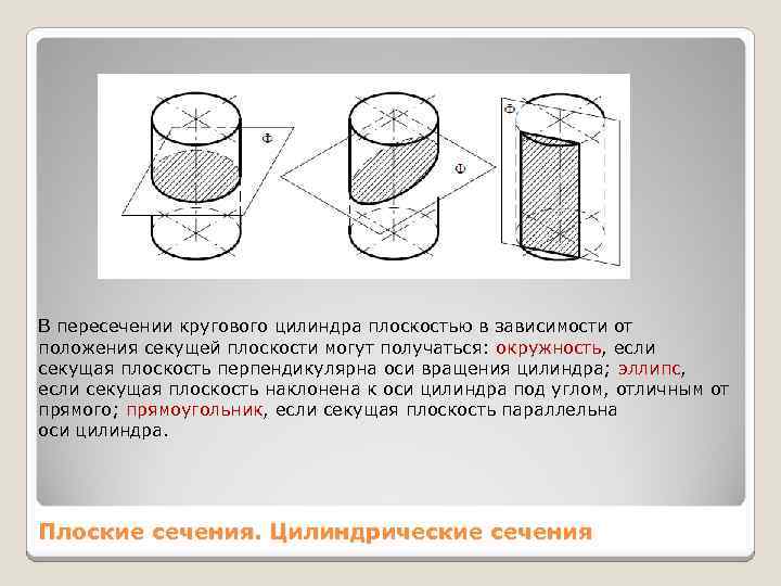 В пересечении кругового цилиндра плоскостью в зависимости от положения секущей плоскости могут получаться: окружность,