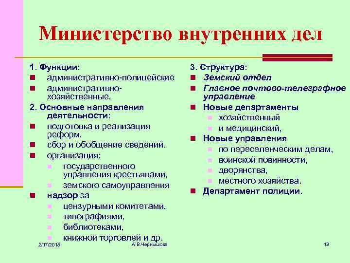 Министерство внутренних дел 1. Функции: n административно-полицейские n административнохозяйственные, 2. Основные направления деятельности: n