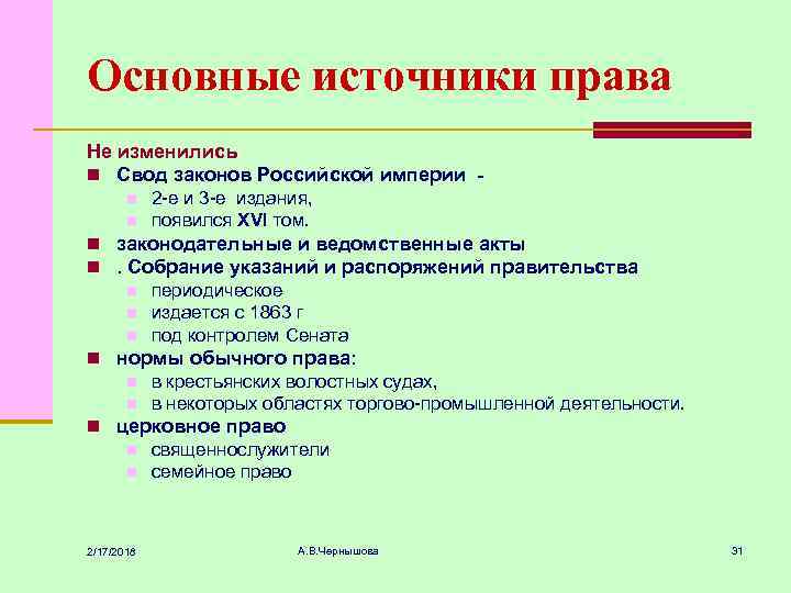 Основные источники права Не изменились n Свод законов Российской империи n n 2 -е