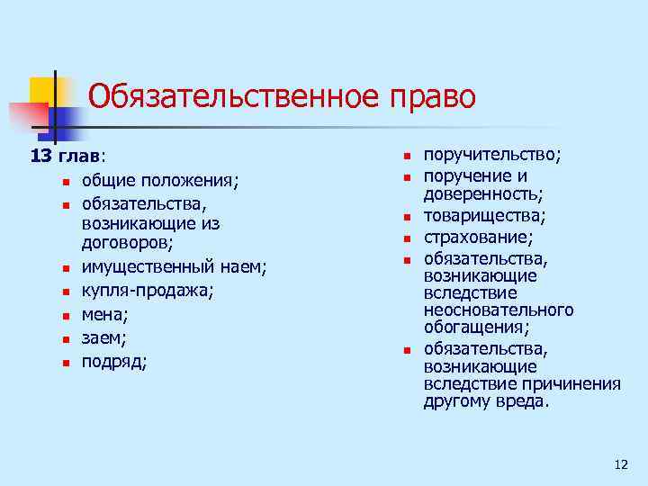 Обязательственное право 13 глав: n общие положения; n обязательства, возникающие из договоров; n имущественный