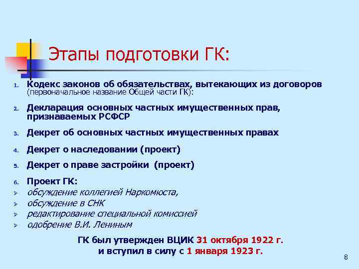 Этапы подготовки ГК: 1. 2. Кодекс законов об обязательствах, вытекающих из договоров (первоначальное название