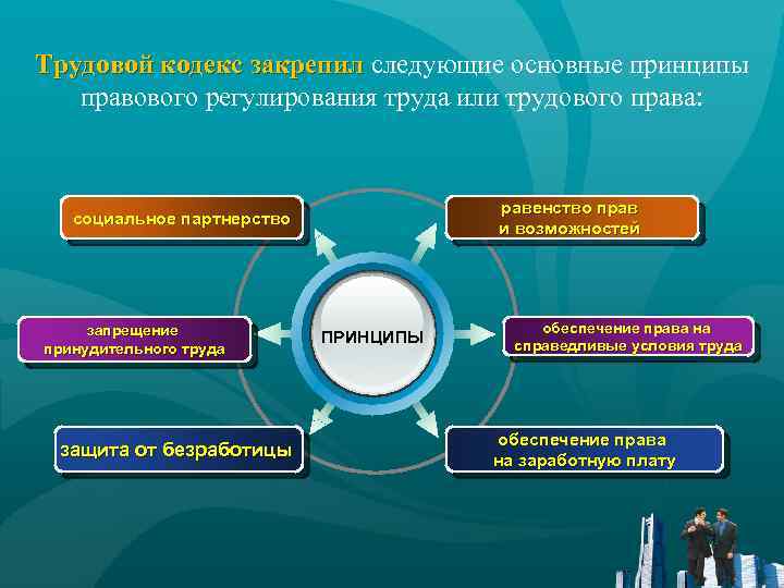 Трудовой кодекс закрепил следующие основные принципы правового регулирования труда или трудового права: равенство прав