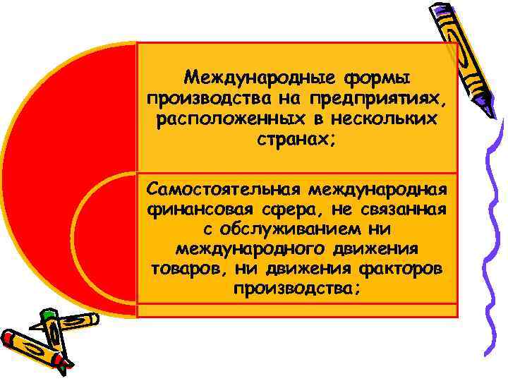 Международные формы производства на предприятиях, расположенных в нескольких странах; Самостоятельная международная финансовая сфера, не