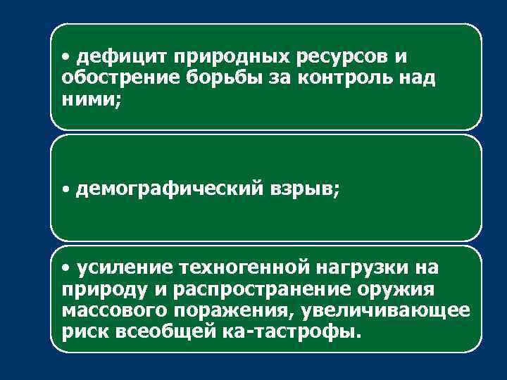  • дефицит природных ресурсов и обострение борьбы за контроль над ними; • демографический