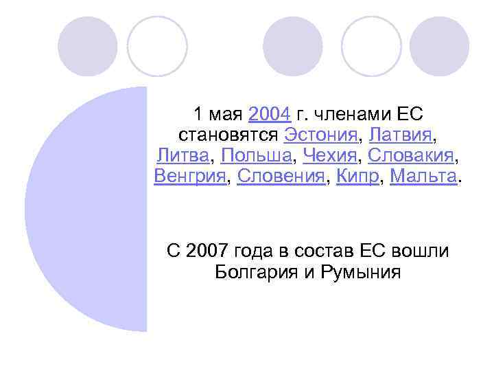 1 мая 2004 г. членами ЕС становятся Эстония, Латвия, Литва, Польша, Чехия, Словакия, Венгрия,