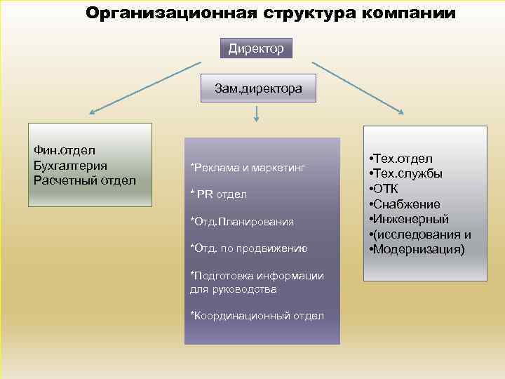 Организационная структура компании Директор Зам. директора Фин. отдел Бухгалтерия Расчетный отдел *Реклама и маркетинг