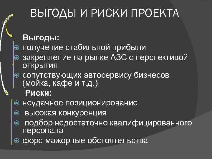 ВЫГОДЫ И РИСКИ ПРОЕКТА Выгоды: получение стабильной прибыли закрепление на рынке АЗС с перспективой