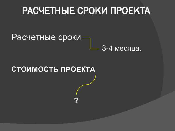 РАСЧЕТНЫЕ СРОКИ ПРОЕКТА Расчетные сроки 3 -4 месяца. СТОИМОСТЬ ПРОЕКТА ? 