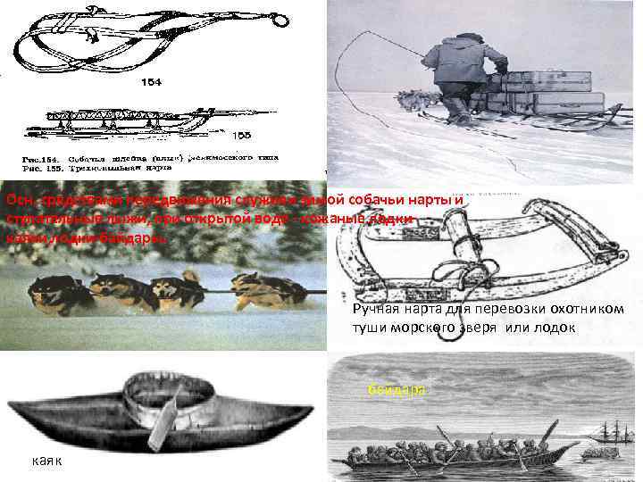 Осн. средствами передвижения служили зимой собачьи нарты и ступательные лыжи, при открытой воде -