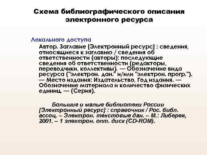 Схема библиографического описания электронного ресурса Локального доступа Автор. Заглавие [Электронный ресурс] : сведения, относящиеся