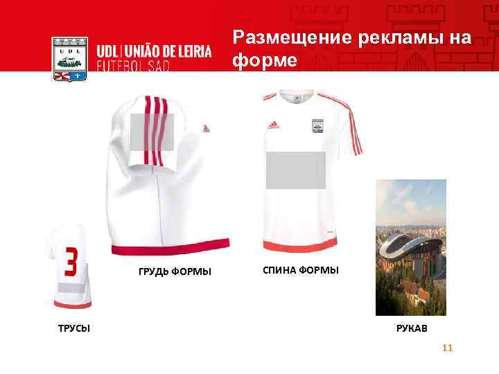 Размещение рекламы на форме ГРУДЬ ФОРМЫ ТРУСЫ СПИНА ФОРМЫ РУКАВ 11 