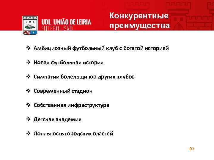 Конкурентные преимущества v Амбициозный футбольный клуб с богатой историей v Новая футбольная история v