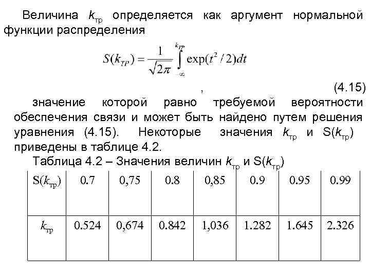 Величина kтр определяется как аргумент нормальной функции распределения , (4. 15) значение которой равно