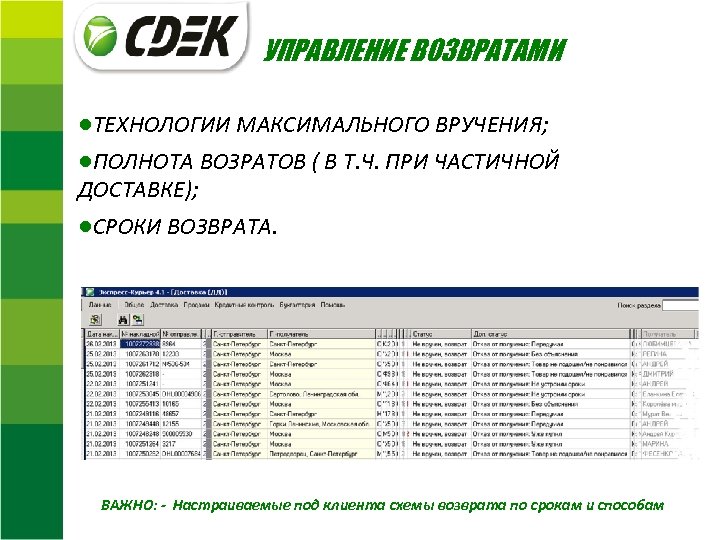 УПРАВЛЕНИЕ ВОЗВРАТАМИ ●ТЕХНОЛОГИИ МАКСИМАЛЬНОГО ВРУЧЕНИЯ; ●ПОЛНОТА ВОЗРАТОВ ( В Т. Ч. ПРИ ЧАСТИЧНОЙ ДОСТАВКЕ);