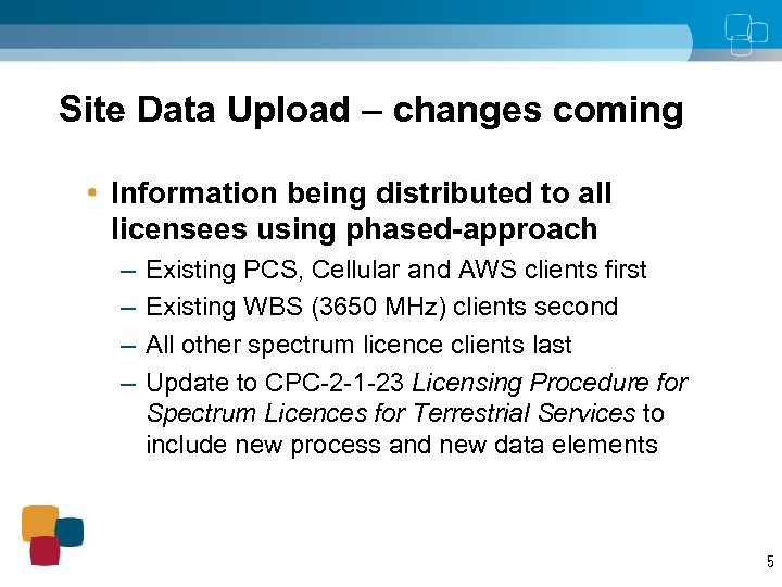 Site Data Upload – changes coming Information being distributed to all licensees using phased-approach