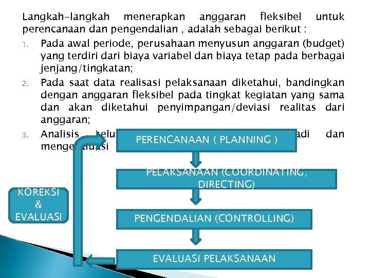 Langkah-langkah menerapkan anggaran fleksibel untuk perencanaan dan pengendalian , adalah sebagai berikut : 1.