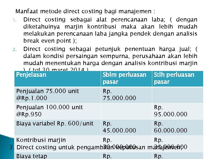 Manfaat metode direct costing bagi manajemen : 1. Direct costing sebagai alat perencanaan laba;