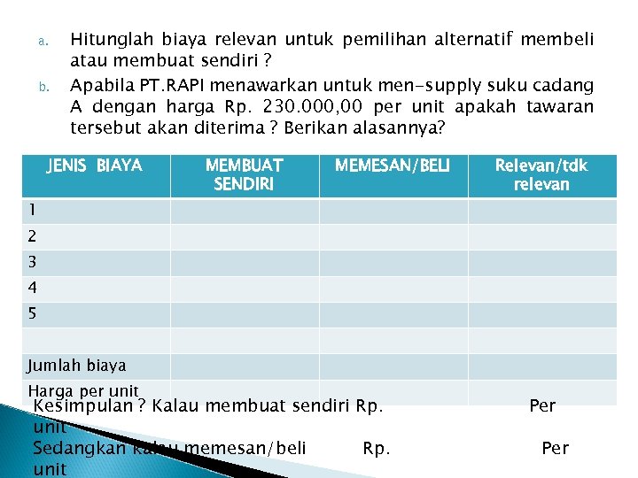 a. b. Hitunglah biaya relevan untuk pemilihan alternatif membeli atau membuat sendiri ? Apabila