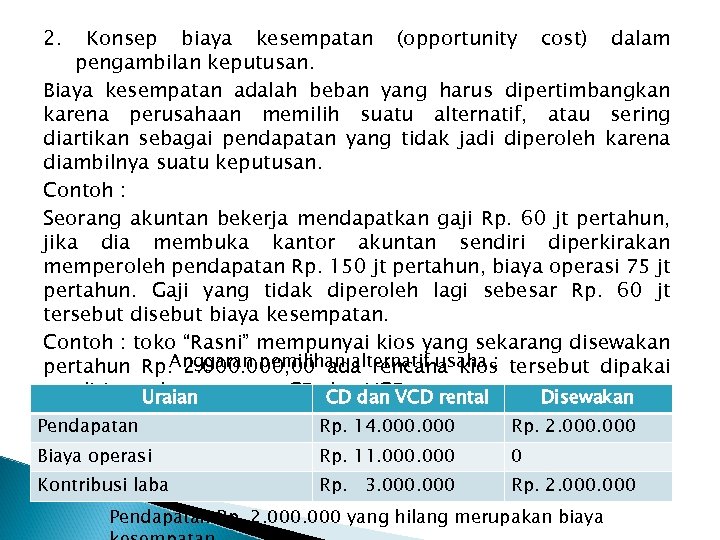 2. Konsep biaya kesempatan (opportunity cost) dalam pengambilan keputusan. Biaya kesempatan adalah beban yang