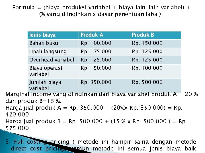 Formula = (biaya produksi variabel + biaya lain-lain variabel) + (% yang diinginkan x