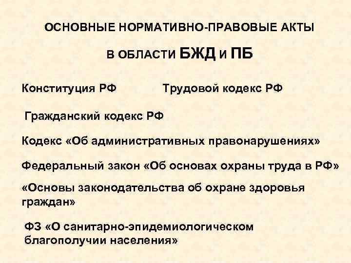 ОСНОВНЫЕ НОРМАТИВНО-ПРАВОВЫЕ АКТЫ В ОБЛАСТИ БЖД И ПБ Конституция РФ Трудовой кодекс РФ Гражданский
