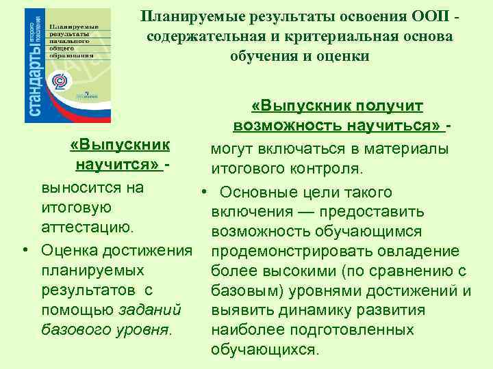 Планируемые результаты освоения ООП содержательная и критериальная основа обучения и оценки «Выпускник получит возможность
